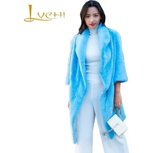 LVCHI Winter 2019 Import Real Mink Coats Womens Natural Fur Coat Beading Full Pelt Causal Three Quarter V-Neck Long Mink Coats