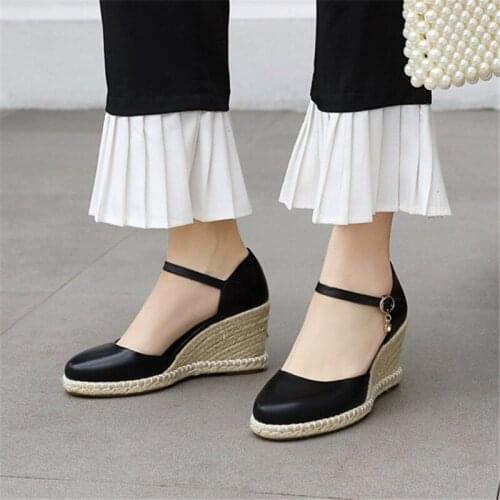 PXELENA Classic Ankle Strap Sandals Women 2021 Spring Summer Shallow Pumps Wedge High Heels Shoes Lady Black White Plus Size 44