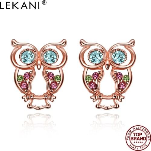LEKANI Cute Hollow Out Owl Stud Earrings For Women Czech Drill Rose Gold Color Earring Anniversary Fashion Jewelry New Arrival