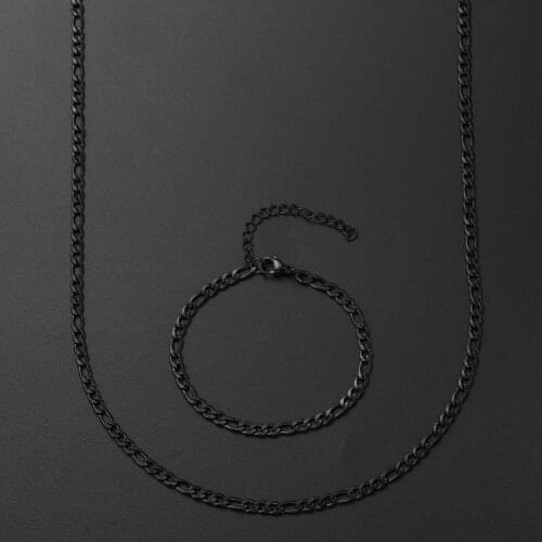 2021 New 4mm Stainless Steel Black Figaro Chain Necklace Bracelet Fashion Jewelry Set For Men and Women Low Price Wholesale