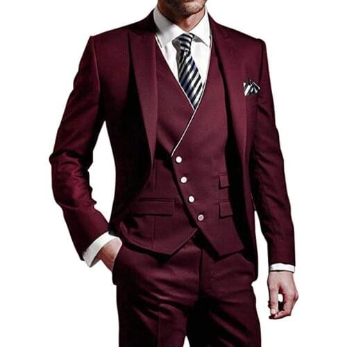 Three Pieces Men suits Notched Lable Burgundy Groomsuit Blazer One Button Formal Business Suits Groom Tuxedos(Jacket+Pants+Vest)