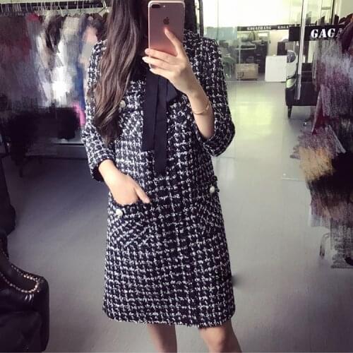 Dress New Small fragrance woolen show thin black woolen tweed