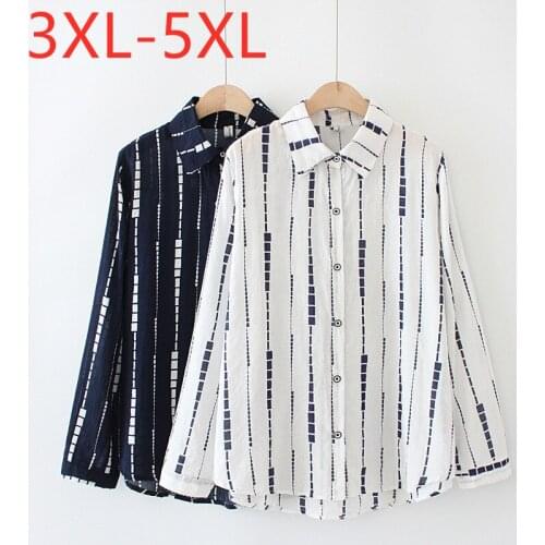 New 2021 Ladies Spring Autumn Plus Size Tops For Women Large Long Sleeve Loose Casual Cotton Button Stripe Shirt 3XL 4XL 5XL