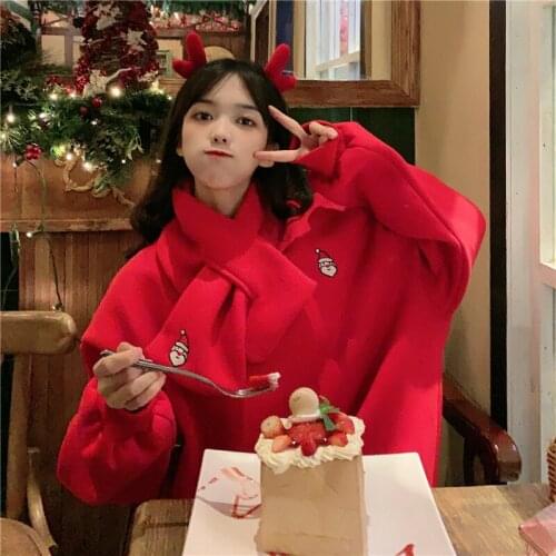 Christmas Sweatshirts Autumn Winter Thick Velvet Women Pullovers Embroidery Printing Long Sleeve Hoodies Students Loose Oversize