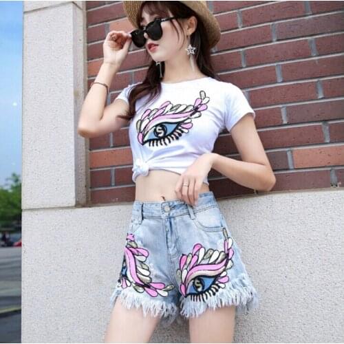 Womail Korean Fashion Shorts Womens Casual eyes embroidery Jeans Female loose Shorts Wide-legged tassel slim Jeans TB3218