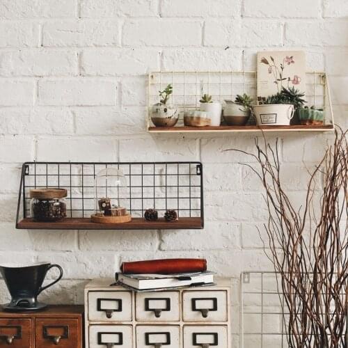 Iron Shelf Wall Storage Shelf Solid Wood Partition in-Line Shelf Bookshelf Flower Shelf