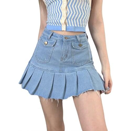 Women’s Korean Solid Color Denim Skirt Fashion High-waist Frayed A-line Pleated Short Skirt