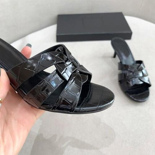 2021 Plus Size 6cm High Heel Slippers Rhinestone Open Toe Designer Slides Women Summer Brand Slippers Dress Shoes Women