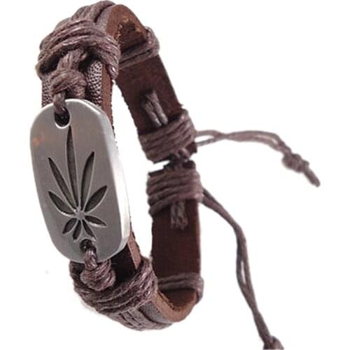New Vintage Retail Fashion Wrap Hemp Rope Belt Maple Leaves Charm Genuine Leather Women Men Bracelet Handmade Wholesale Jewelry