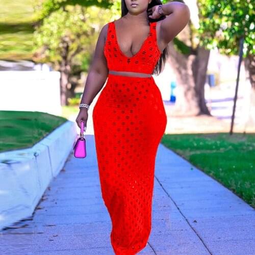 Women 2 Piece Suit Sexy Hollow Out Deep V Neck Sleeveless Vest Top 2-Piece Set Tank Top Long Skirt Suit Two Outfits Party Dress