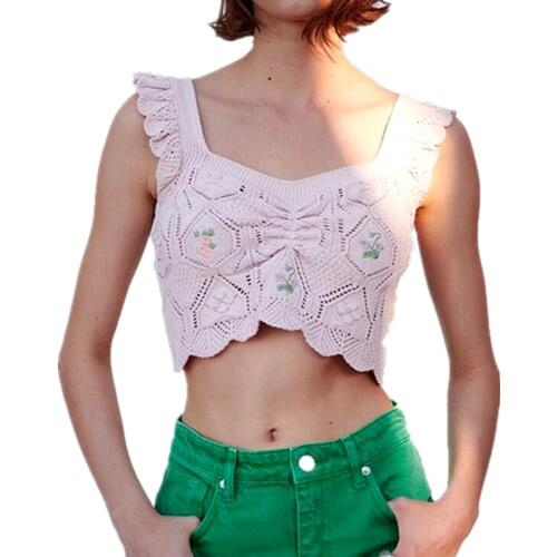 2021 Women Cute Sweater Knitted Crop Vest Summer Solid Floral Wide Strap Tanks Camis Vintage Ruched Shirt Female Tops