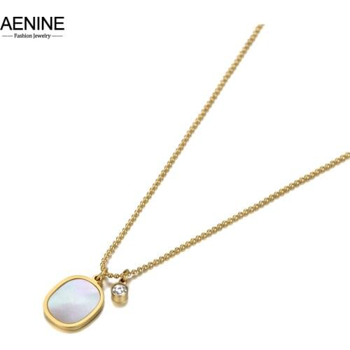 AENINE 14K Gold Shell Oval Tag CZ Crystal Charm Pendant Necklaces For Women Trendy Stainless Steel Choker Necklace AN20174