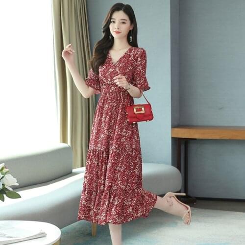 Temperament Women Floral Print Chiffon Half Sleeve V-neck Tea-length A-line Rose Red Deep Red Blue Khaki Holiday Summer Dress