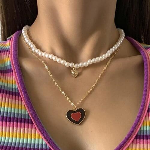 2pcs Vintage Layered Pearl Choker Necklace Women Boho Metal Heart Pendant Necklaces Kpop Chains 2021 Fashion Female Jewelry
