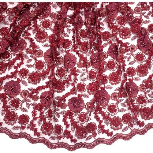 2020 wine red bridal lace fabrics embroided 3d flower lace with beads HY0787-9