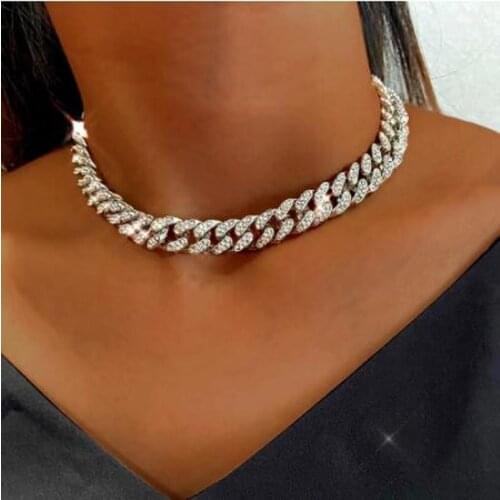 13mm Miami Cuban Link Chain Gold Silver Color Choker Necklace for Women Iced Out Crystal Rhinestone Necklace Hip hop Jewlery
