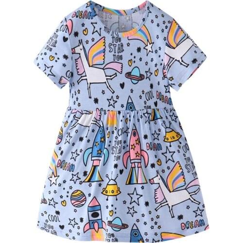 Funnygame Childrens Summer Dresses With Unicorn Rockets Printed Princess Holiday Clothing Fashion Kids Animals Dresses
