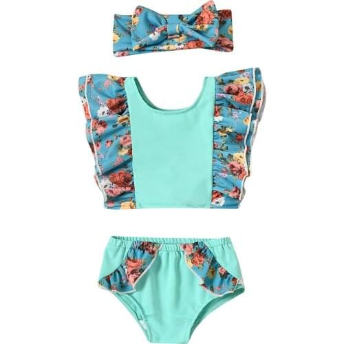 Infant Baby Girl Kids Swimwear Two Pieces Swimsuits Summer Children Floral Ruffles Fly Sleeve Top+Bottoms with Bow Headwear 0-3Y