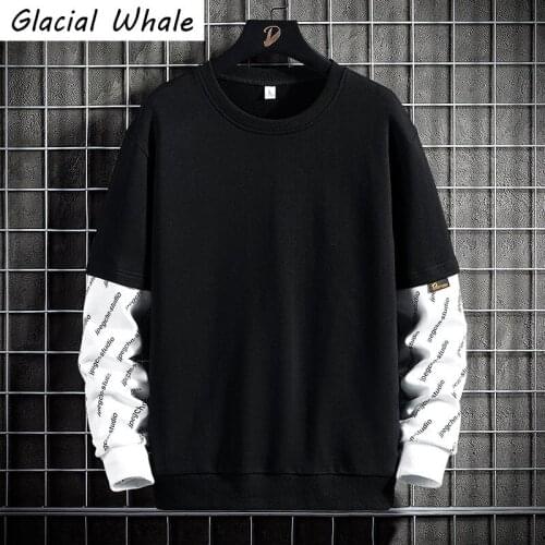 GlacialWhale Crewneck Sweatshirt Men 2021 Spring Patchwork Japanese Streetwear Harajuku Oversized Black Hoodie Men Sweatshirts