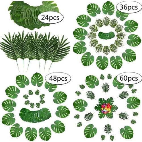 SOLEDI 60pcs Artificial Palm Leaves for Hawaiian Party Plastic Artificial Tropical Plants For Table Decoration Home Garden Decor