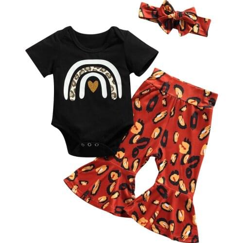 Three Pieces Set Infant Short Sleeve Romper + Long Flared Trousers + Bow Headband, Leopard Print Summer Clothing Suit