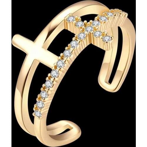 Crystal Cross Cubic Zircon Adjustable Women Copper Ring Hollow Punk Engagement Ring Religion Jewelry For Children Girls