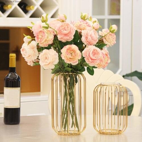 Nordic metal iron geometric glass gold vase creative living room dining table countertop decorative vase modern home decoration