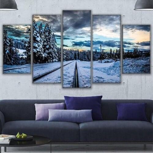 Canvas Painting Modular Wall Art Frame 5 Pieces Frozen Train Tracks Poster For Living Room Home Decor Snow Scene Pictures