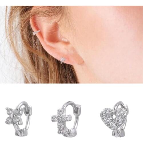New 1PC Hoop Cz Cartilage Earring for Women Flower Cross Blue Cubic Zirconia Tiny Tragus Helix Rook Ear Piercing Jewelry