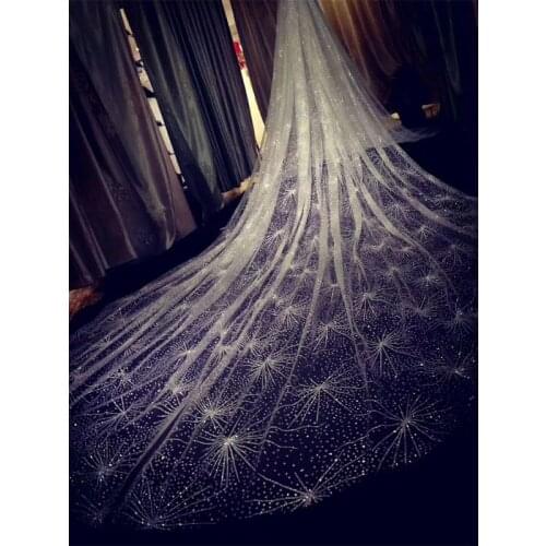 One-Layer Women White Trailing Long Wedding Veil Seashell Spray Glitter Rhinestone Cut Trim Luxury Starry Sky Bridal Veil