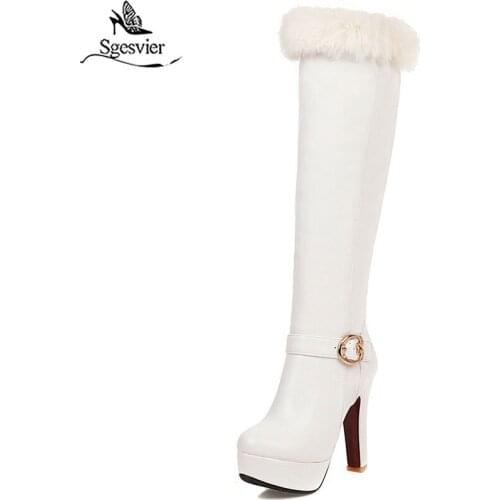 Sgesvier Fashion Sexy Long Platform Black Boots Faux Fur Tassel Buckle Red White Party High Heel Ride Knee High Boots Shoes G799