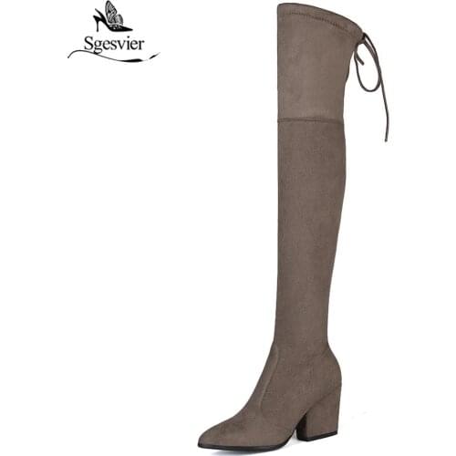 Sgesvier 2018 New Black Gray Womens Kid Suede Thigh High Boots Block Thick Heel Over-Knee Boots Pointed Toe Long boots OX656