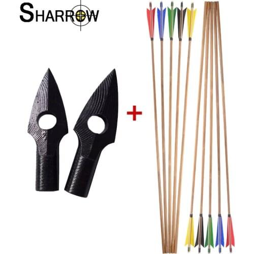 6pcs 33inch Archery Bamboo Arrow Diameter 8mm with 6 Replaceable Arrowheads Recurve Traditional Bow Shooting Hunting Accessories