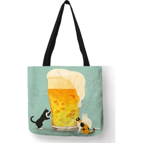 Cartoon Printed Shoulder Bag Adorable Cat Beer Yellow Printing Hand Bags Eco Linen Shopping Travel Beach Casual Tote Bag