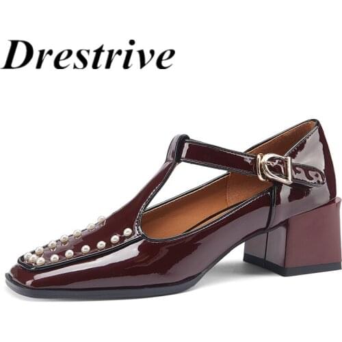 Drestrive Women Pumps Square Toe Patent Leather Bead Buckle 2021 Summer High Heel Shoes Wine Red Mary Janes Thick Heels