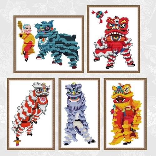 Cross Stitch Lion Dance Partten Counted Printed Fabric 14CT 11CT DMC Embroidery DIY Needlework Handmade Cross-stitch Kits