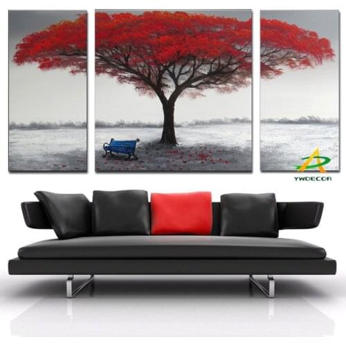 YWDECOR 3 Panel Large Tree with Red Leaves Bule chair Abstract Modern Oil Painting Print On Canvas Home Decor Wall Art Picture