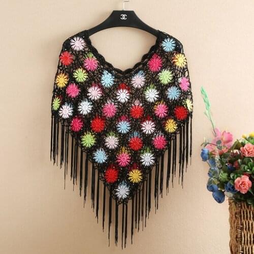 Women Beachwear Poncho Cape Floral Hollow Out Crochet Tassel Beachwear Swimsuit Shawl Cover Up