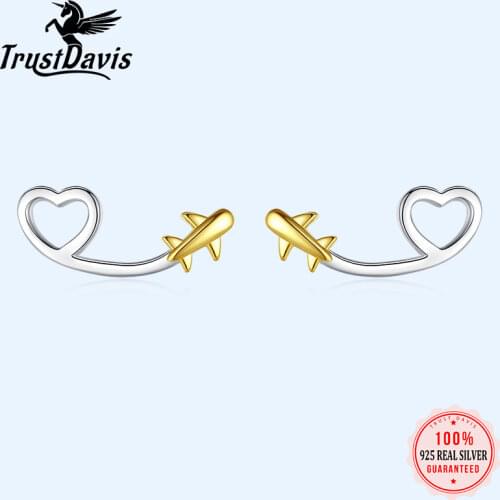 Trustdavis 925 Sterling Silver Earring Jewelry Hollow Heart Plane Stud Earrings Birthday Gift For Women Silver 925 Jewelry DA801