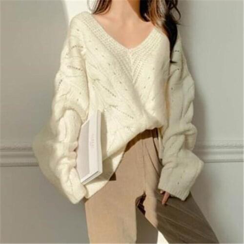 2020 New Arrivals V-neck Sweater Women Minimalist Jacquard Sweater Pullovers Jumper Wool Fluffy Style Knitted Office Lady Tops