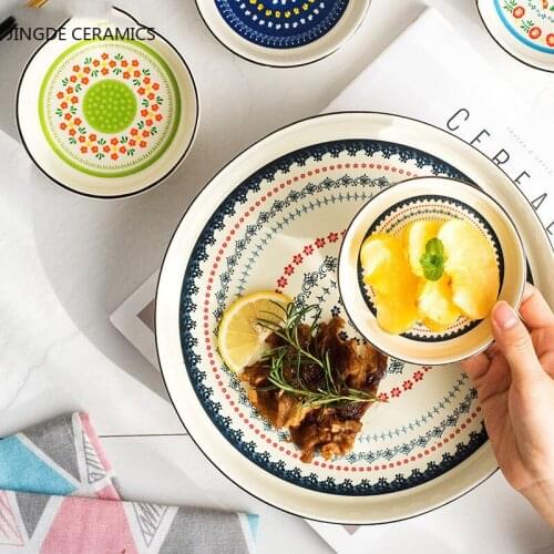 1pcs ceramic round hand-painted pizza fruit snack dish dessert dessert bread tray salad bowl candy storage box kitchen supplies