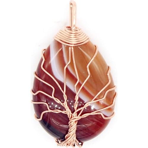 100-Unique 1 Pcs Rose Gold Color Wire Wrap Tree of Life Water Drop Stripe Brown Agates Pendant Charm Jewelry