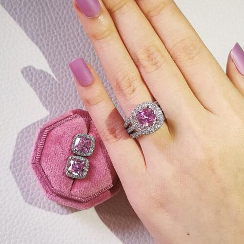 925 Sterling Silver Jewelry set halo Engagement ring round stud earring for Wedding Valentines Day gift Christmas J5568-PINK