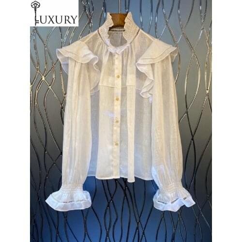 2020 100%Linen Spring Blouses Summer Women Hollow Out Embroidery Ruffle Patchwork Long Sleeve Casual White Black Shirts