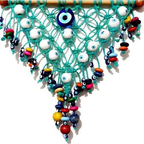 Water Green Color Triangle, Handmade Door and Wall Decoration with White Glass Evil Eye Beads