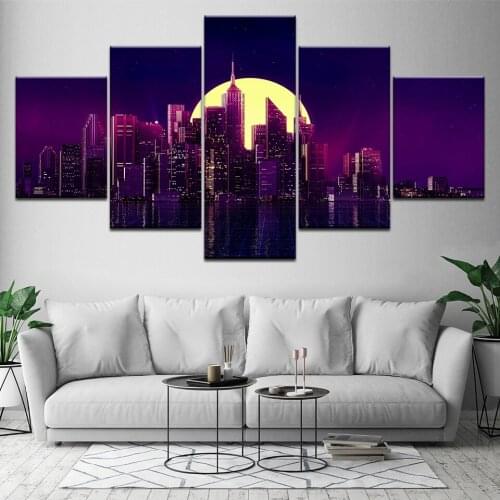 A larger yellow moon begin buildings 5 Piece HD Wallpapers Art Canvas Print modern Poster Modular art painting Home Decor