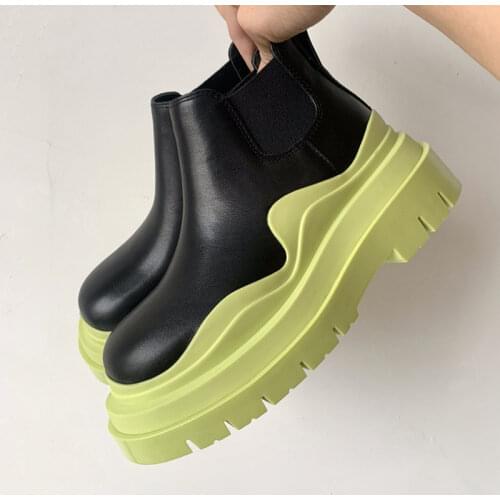 Women Genuine leather Thick Sole Chelsea Boots Men Round Toe Platform boots British Color Bottom Couple Ankle boots SIZE 45