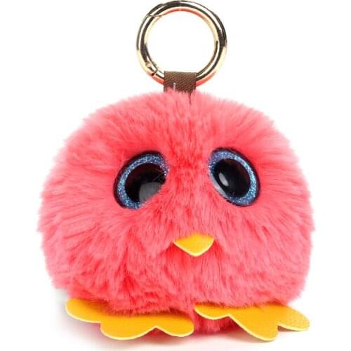 Cute Plush Doll Owl Keyring Faux Rex Rabbit Fur Chick Pompom Ball Key Ring Chain Woman Bag Charms Pom Pom Keychain Party Trinket