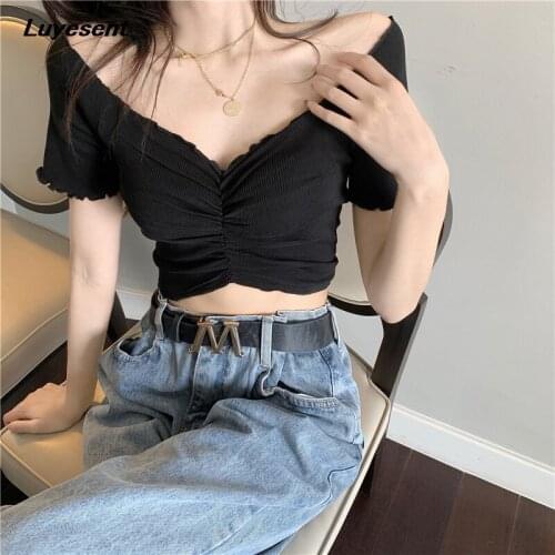 Black White Sexy Girl Deep V Neck T Shirt Short Length Pleated Women Basic Gothic Tshirt Summer Street Korean Fashion Clothes