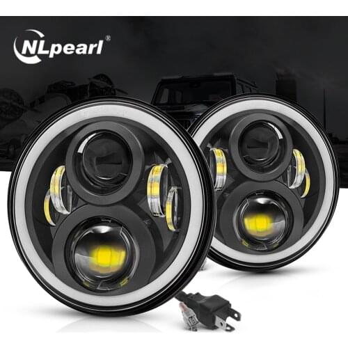 NLpearl 7inch Led Headlight Hi/Low H4 Light Halo Angle Eyes Led Headlamp For Lada Niva Urban Jeep Wrangler Off Road 4x4 12V 24V